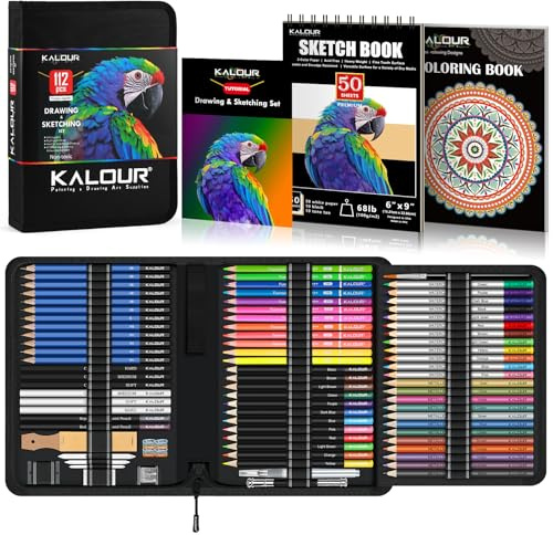 KALOUR PDAS 112 Zeichenset, Skizzierset, Pro Art Supplies mit 3-Farben-Skizzenbuch und Malbuch, Neon, farbig, Aquarell, Metallic, Graphit, Kohlestifte, Geschenk für Künstler, Erwachsene, Teenager