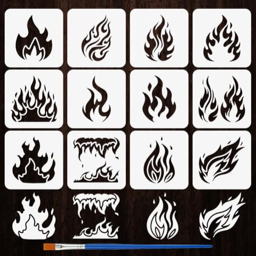 FINGERINSPIRE 12 Stück Flammenmalschablone Mit Pinsel 10x10cm Wiederverwendbare Vorlage Mit Feuermuster Dekorative Flammensilhouette Vorlage Für Alltagsthemen Zum Malen Auf Stoff