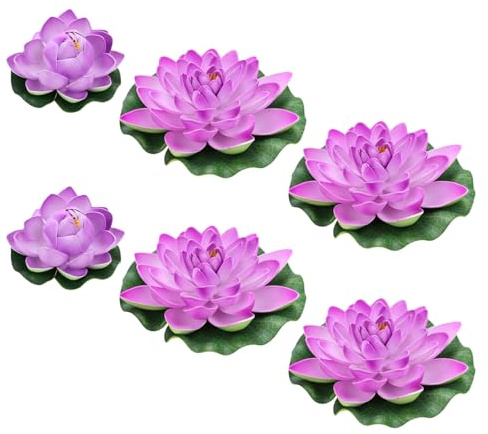6PCS Artificial Floating Lotus Flowers with Lily Pads, Violet Plastic Pond Plants Set (4 Large 2 Medium Buds) for Home Garden Water Lily Pond Decor