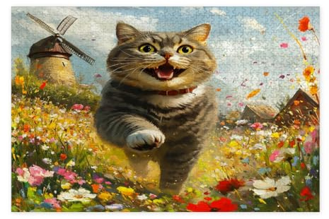 Spring British Shorthair Cat Jigsaw Puzzles for Adults 10000 Piece, Country Garden Kitten Wooden Puzzles, Fun Flower Pet Pattern Decorations for Home Entertainment