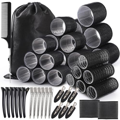 WD&CD Lockenwickler 45 Stück Groß Selbsthaftend Haarwickler Schwarz | Lockenwickler Set mit 24Pcs (55/45/36/25mm) Hair Rollers , 18 Clips und 2 Fransen-Aufkleber für Lange, Mittlere & Kurze Haare