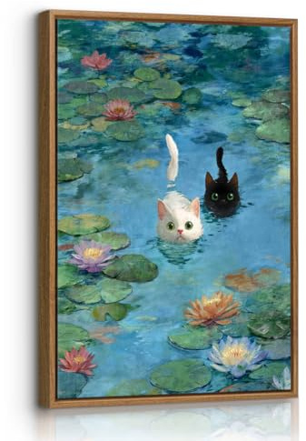 Lustige Katze in Seerosen Leinwand Bilder Mit Rahmen, Monet Berühmte Blumen Bild Auf Leinwand Humorvolle Tier Wandbilder Poster Zuhause Wanddeko für Badezimmer Büro Wohnzimmer Schlafzimmer 40x60cm