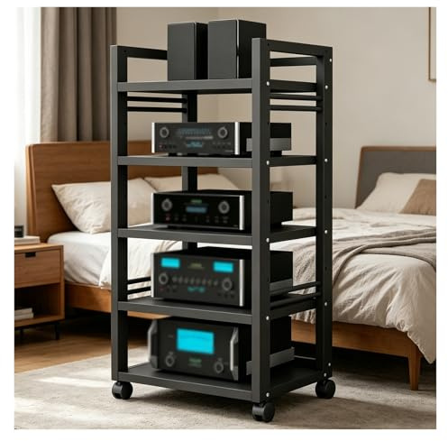 Mobiler 5-stöckiger HiFi Regal,Schallplattenspieler Regal Mit Rollen, Schwerlast Stahl AV-Rack,phonoschrank Für Verstärker, Receiver, Lautsprecher,Plattenspieler(Schwarz)