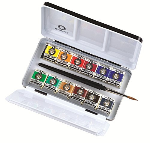 Royal Talens Rembrandt Professional Aquarelle Boîte de 12 poêles en métal avec brosse en martre