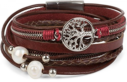 styleBREAKER Wickelarmband mit Perlen, Ketten, Flechtelement und Lebensbaum Anhänger, Magnetverschluss, Armband, Damen 05040070, Farbe:Bordeaux-Rot