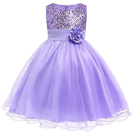 Robe de Princesse, Enfant Fille Robe de Mariage Paillette Sequins Tutu Princesse avec N?UD Papillon Fleur Robe de C?r?Monie Demoiselle d'honneur Canaval Soir?e F?Te Bapt?me Cocktail Violet 6-7?Ans