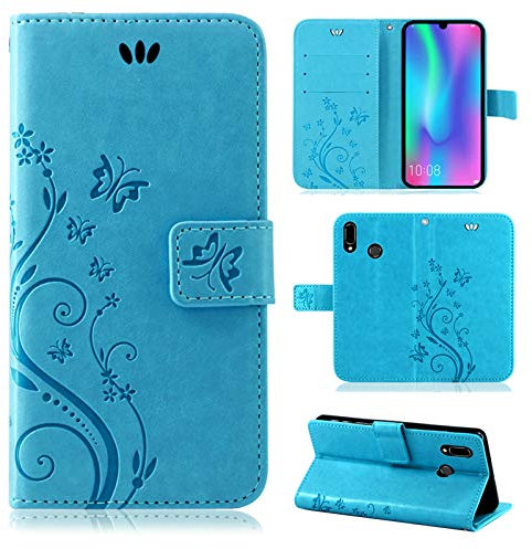 betterfon Hülle Kompatibel mit Huawei P-Smart (2019) | Premium PU Leder Handyhülle Wallet Case für P-Smart (2019) | Schutzhülle Blumen Klapphülle Handyhülle | Blau