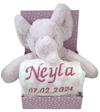 Kinder Baby Set mit Name & Geburtsdatum bestickt (auf der Decke) inkl. Plüsch Stofftier - Geschenk Taufe Geburt/CE-Zertifizierung (Elefant/Rosa)