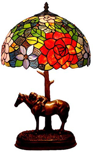 GDLight Tiffany-Stil Rose Tischlampe mit Harz Pferd Basis, 12 Zoll Vintage Pastoral Floral Nachttischlampe für Wohnzimmer Schlafzimmer neben Dekor