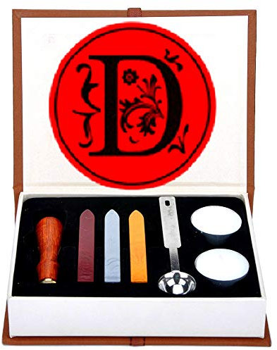 Buchstaben-Wachs-Siegel-Stempel-Set, ANBOSE Alphabet Wachs-Siegel-Stempel-Kit einschließlich 1Pcs Holzgriff Kupfer-Siegel, 3Pcs Wachs-Siegel-Sticks, 1Pcs Schmelzlöffel und 2Pcs weiße Kerzen(D)