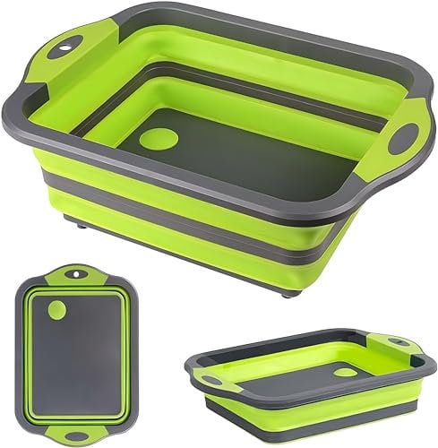 DLD Multifunctional Foldable Chopping Board with Integrated Strainer, Portable Camping Foldable Small Lightweight Plastic, Silica Gel Foldable Kitchen Board Sinking Drainer for Fruit Vegetables Picnic