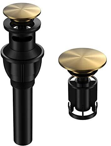 Hurran Bonde d'évier de salle de bain avec trop-plein – Bouchon universel pour lavabo de salle de bain, vidage rapide en plastique avec attrape-cheveux, filtre anti-obstruction, or brossé