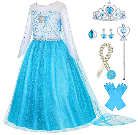 Gridamea Elsa Verkleiden Sie sich für Mädchen Eiskönigin-Kostüm Prinzessinnenkleid mit Krone/Zauberstab/Handschuhen/Zopf/Ohrringen/Ring für Kindergeburtstag, Party, Cosplay