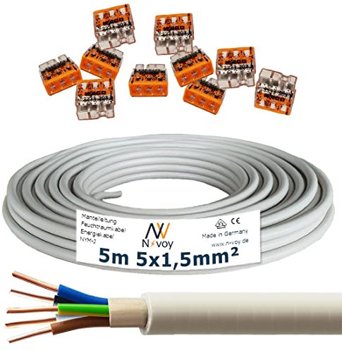 NYM-J 5x1,5 mm² 5m Mantelleitung Installationskabel mit 10 Stück WAGO Klemmen M129