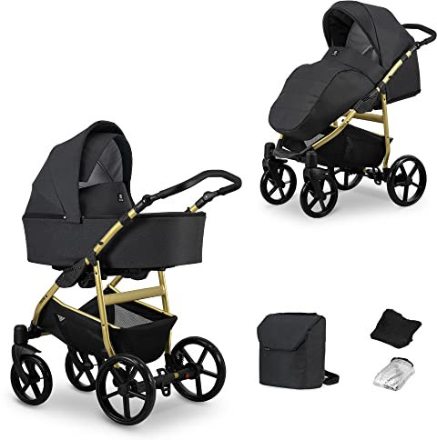 KUNERT Kinderwagen MATA 3in1 2in1 Sportwagen Babywagen Autositz Babyschale Komplettset Kinder Wagen Set 3 in 1 2 in 1 (graphite + Gold Rahmen, 2in1)