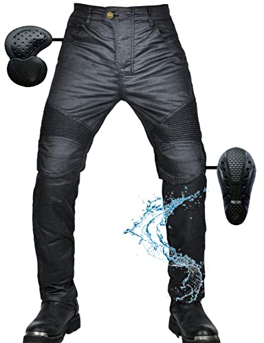 Homme Pantalon de Moto en Jean imperméable et coupe-vent Stretch Anti-déchirure Casual Vintage Pantalon de Protection avec Amovible Améliorée Protéger Pads pour Racing Vélo (Black,M)