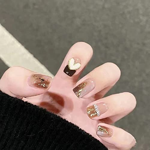 CEBOIC Faux Ongles Court, Ongle Pose Americaine Press-on Nails Marron Caramel, Kit Faux Ongles avec Colle Luxueux Réutilisable Pour Femmes et Filles Tenues de Tous Jours et de Fête