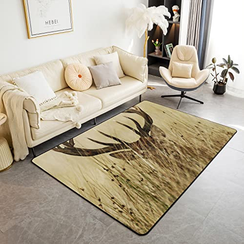 Alfombra de cuerno de 5 x 7 pulgadas, diseño retro de ciervo para sala de estar, dormitorio, alfombra suave, para caza, rural, antideslizante, alfombra de felpa para decoración de suelo, 150 x 200 cm