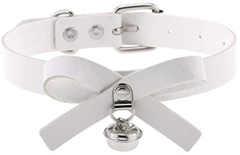 Duories Leder Choker Kette,Halsband aus Leder mit Schleifenknoten und Glöckchen,Verstellbarer Choker 30 cm–40 cm für Damen Herren,Geeignet für Abschlussball, Date, Party, Club, Bar, Konzert,Weiss