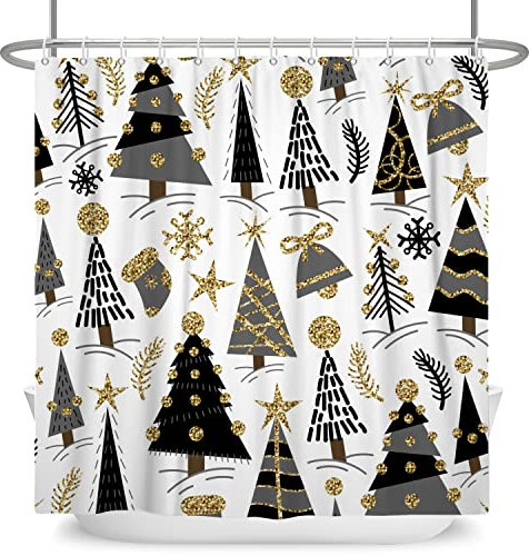 Tenda da doccia con albero di Natale, 160 x 172 cm, in tessuto impermeabile, colore nero, oro, albero di Natale, bagno, doccia, foresta, tenda da bagno, decorazioni per feste di Natale con ganci