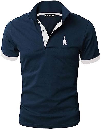 LIUPMWE Mens Polo Shirts Short Sleeve Giraffe Embroidery Golf T-Shirt S-3XL,L,Blue+White