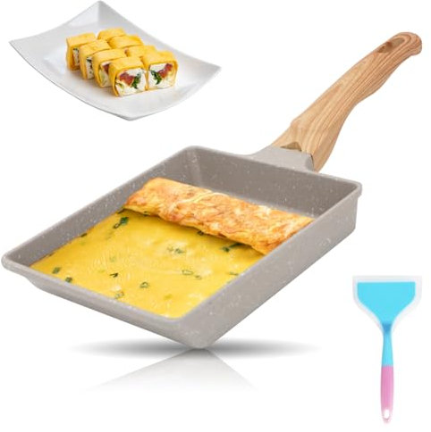 RANJIMA Tamagoyaki Omelette Pfanne, Rechteckige Japanische Omlettenpfanne mit Isoliertem Holzgriff, Aluminium Antihaft Eierpfanne für Induktion & Gasherd, Tamago Pfanne Bratpfanne, 19 x 16 cm (Weiß)