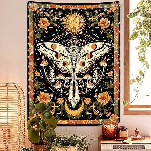 Aipon Motten-Tapisserie Orange Sonne und Mond Blume Wandteppiche Retro Vintage Floral Pilz Boho Pflanze Botanischer Wandteppich für Schlafzimmer Mondphase Indie Hippie Ästhetische Apestry Wandbehang