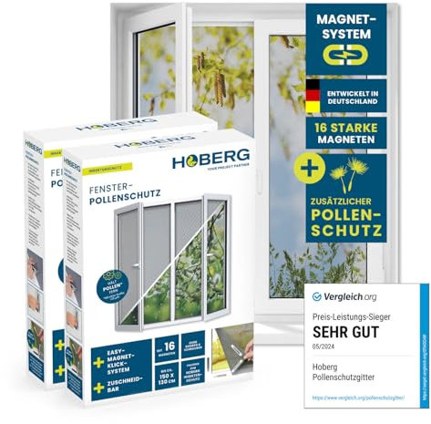 Hoberg Fliegengitter für Fenster mit Pollenschutz | Moskitonetz zuschneidbar bis 150x130 cm | Einfache Montage mit 16 starken Magneten - Insektenschutz ohne Bohren, Schrauben & Klebereste [2 Stück]