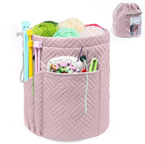 MYBAGZING Borsa per filati, piccola borsa organizer per uncinetto, con coulisse, per lavori a maglia, per principianti, porta filati, ciotola con tasca per accessori all'uncinetto, rosa, M, Da viaggio