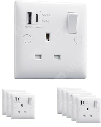 VELTZ Pro Super Fast Charging 20W PD/PPS USB C & 18W QC 4.0 USB A Single Plug Wall Socket 13A 1 Gang White
