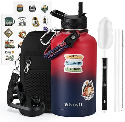 WixByti Bouteille d'eau isotherme de 1,8 l avec paille (froide pendant 48 heures), carafe d'eau de sport à triple paroi en acier inoxydable, étanche avec couvercles à bec à paille et autocollants de