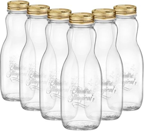 Bormioli Rocco 6X 1L Quattro Stagioni Saftflaschen aus Glas mit Schraubdeckel - Klar Wiederverwendbar Wasser Smoothie Milch Getränk Kühlschrank Lagerbehälter