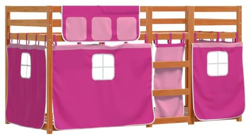 vidaXL Etagenbett, Kinderbett mit Vorhängen Leiter, Hochbett Spielbett für Kinder ab 6 Jahren, Doppel Stockbett Bett, Rosa 80x200cm Massivholz Kiefer