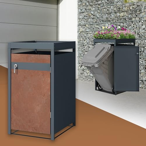ML-Design Mülltonnenbox 1er mit Pflanzdach für 1 Mülltonne 240L 68x80x124 cm, Rost-Optik, Stahl, wetterfest, Abschließbare Mülltonnenverkleidung mit Tür, Müllbox Mülltonnecontainer Mülltonnenabdeckung