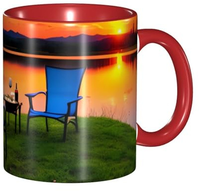 YYHHAOFA Red ceramic Mugs mug Suitable for cappuccino, latte, cereal, yogurt, milk, hot or cold drinks Micro-wave oven Chair and Wine at Sunset Lake Prints