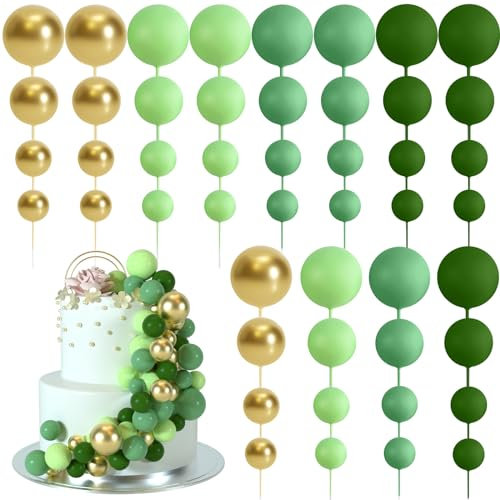 BOUBONI 48 Stück Tortendeko Kugeln Cake Topper Kuchen Kugeln Dekorationen Ballon Cupcake Tortenaufleger für Geburtstag Party Babyparty Kuchendekoration (Grün, Gold)