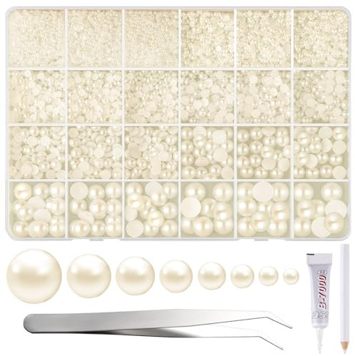 NACHLYNN 12000 Stück Halbperlenperlen, 8 Größen, beige, flache Rückseite, halbrunde Perlen für Bastelarbeiten, Abschlussfeiern, Kappen, Verzierungen, Schuhe, Handyhüllen