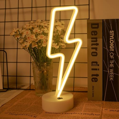 BringLuck2U Panneau Néon Éclair, Veilleuse pour Décoration Murale, Alimenté par USB ou par Batterie, pour Chambre à Coucher, Chambre d'Enfants, Salon, Bar, Cadeau d'Anniversaire de Noël (Blanc Chaud)