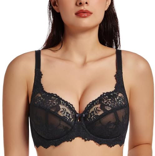 MELENECA Women's Plus Size Minimizer Bras Full Coverage Lace Unlined Underwire Bra Black 44G