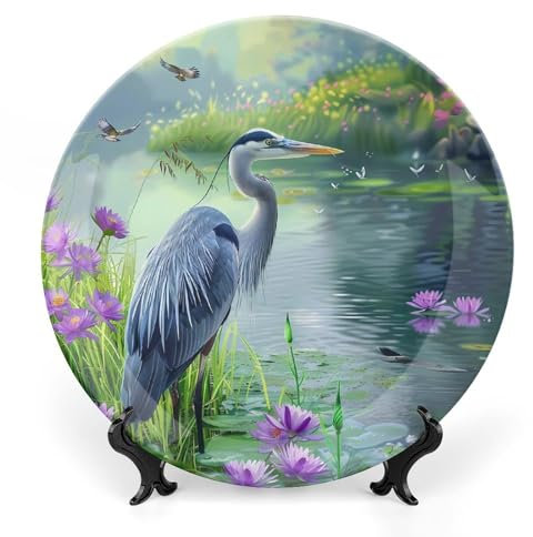 Biding Time Great Blue Heron Bone China Plate with Stand Round Decorative Plate Vintage Home Wobble Plate 10inch
