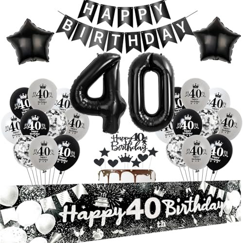 Decoración de torta 40 años cumpleaños mujer hombre,guirnalda 40 cumpleaños banner negro plata,Decoracióncumpleaños 40 años hombre mujer,globos 40 años cumpleaños mujer hombre decoración