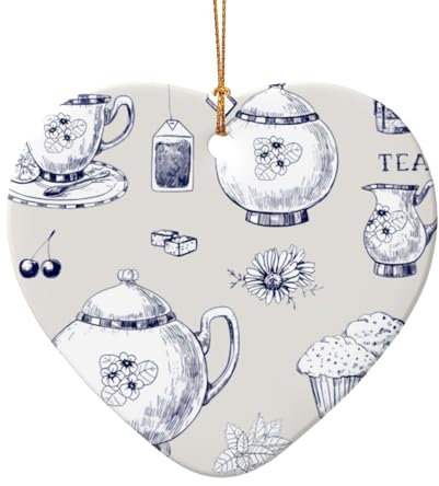 QGWDYYJQ Handgezeichnete Teekannen und Tassen, bedruckter Keramikanhänger, Weihnachtsbaumschmuck, Keramik-Hängeornament