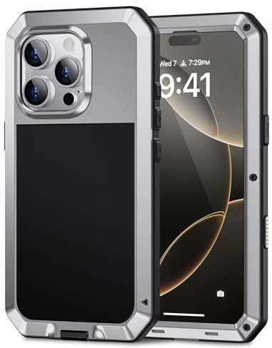 Lanhiem for iPhone 16 Pro Max Metal Case, Heavy Duty Shockproof Tough Rugged Case with Built-in Glass Screen Protector, 360 Full Body DustProof Protective Cover for iPhone 16 Pro Max 6.9, Silver