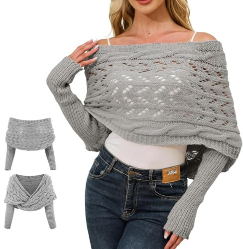 Yuepaikre 280cmMultifunktionaler Schal mit Ärmeln für Damen, Gestrickter Polyesterfaser Zopfmusterschal, Boho Pashmina Schal Damen, Warmgestrickt cape damen (Grau)