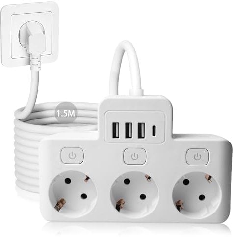 SPORWAY Steckdosenleiste 3-Fach: Steckdose Erweiterungen 3 Steckdosen mit 3 USB & 1 USB-C Ports Steckerleiste Steckdosenadapter, 3-Fach Steckdosenleiste Steckdose für Büro Hause - 16A/4000W
