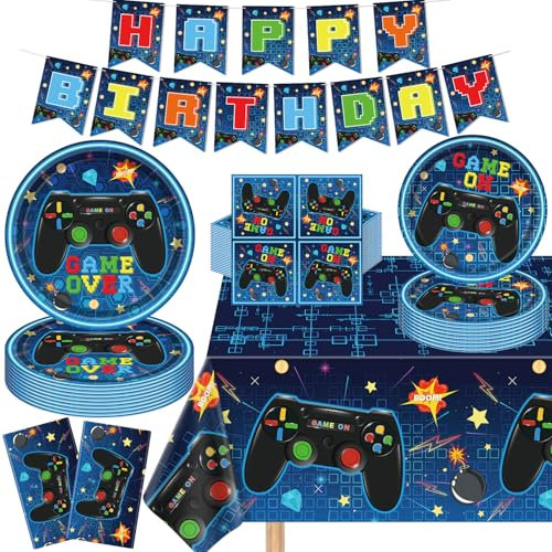 123 Pcs Video Game Birthday Decorations Game Birthday Party Supplies Video Game Decorations Tableware Set Include Plates Banner and Tablecloth for Game on Birthday Decorations Kids Serves 40 Guests