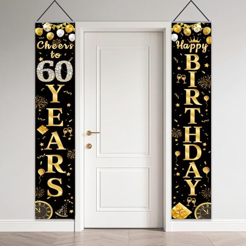 Deko 60. Geburtstag Mann Frau - Geburtstagsbanner Happy 60 Birthday Hintergrund Dekoration Schwarz Gold, Geburtstagsdeko Banner für 60 Geburtstagsparty Zubehör 180 x 30cm