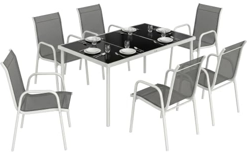 Outsunny Conjunto de Mesa y Sillas Jardín 7 Piezas Blanco y Gris | Mesa de Vidrio Templado, 6 Sillas Apilables Transpirables, Marco de Metal Resistente a la Intemperie