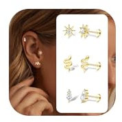 Ohrstecker Gold Piercing Ohr Hypoallergene - Chirurgenstahl Ohrringe Gold Ohrstecker Mit Flacher Rückseite 14K Vergoldeten Helix Piercings Tragus Piercing Goldene Ohrringe Damen 16G Golden&CZ