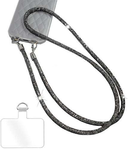 FloralGrace Chaîne avec strass scintillants, cordon de téléphone, longue corde de suspension, chaîne de téléphone portable, chaîne de téléphone portable, pendentif court pour téléphone portable (noir